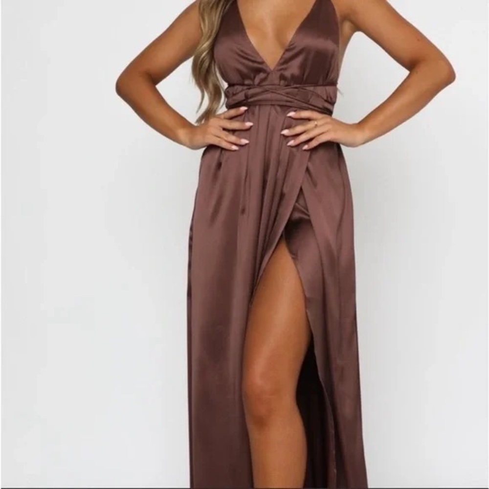 White Fox Boutique Satin Brown Plunge Wrap Maxi Dress